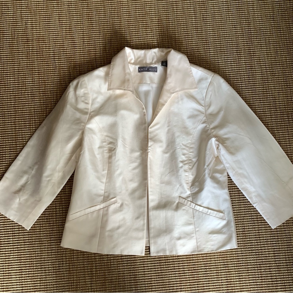 Vintage Kate Hill Silk Taffeta Collar 3/4 Sleeve Suit Blazer Jacket Ivory Cream